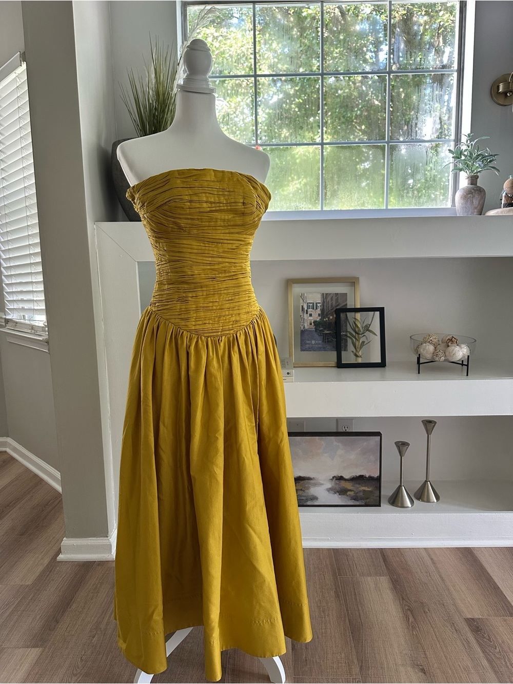 Aje Strapless Marigold Midi Dress with Ruched Bodice